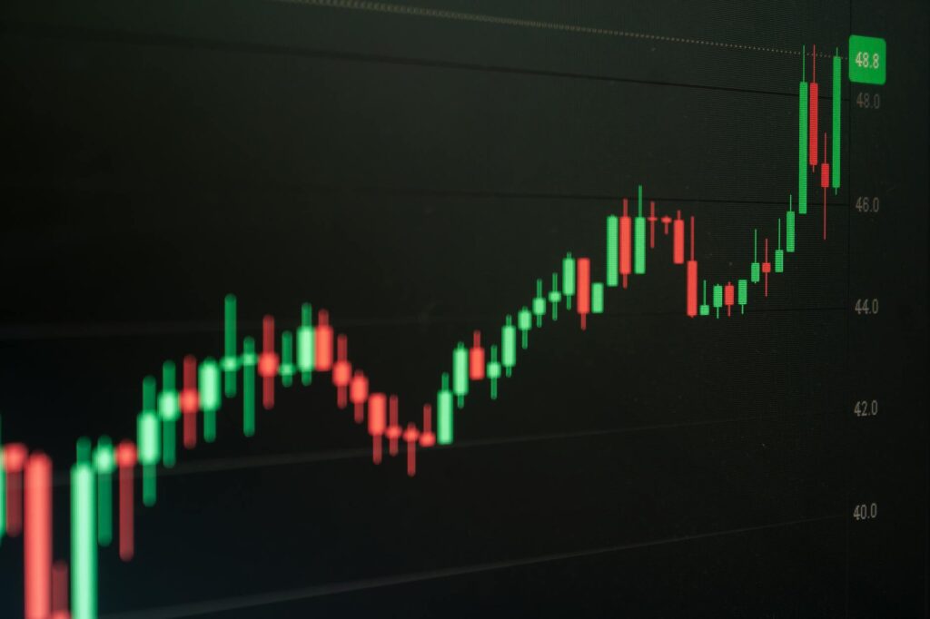 Close-up of a digital candlestick chart indicating bullish market trends in trading.