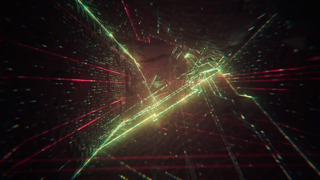 Abstract digital art showcasing a futuristic tunnel with neon lights and geometric shapes.